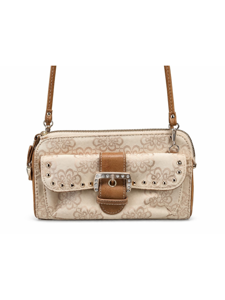 Kathy Van Zeeland Jacquard Y2k Crossbody Wallet Cream Tan Studded Buckle Clutch